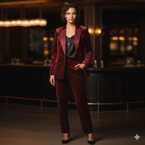 NWT Botong Deep Red Velvet 2 Piece Pant Suit- Double Breasted Lined Size 14/L